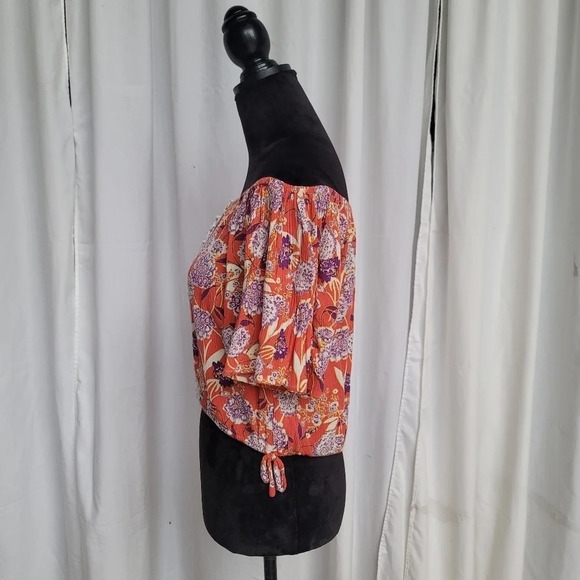 Women's Miss Me Beige Floral Boho Relaxed Cropped Top Open Shoulder Viscose XS - Picture 5 of 12